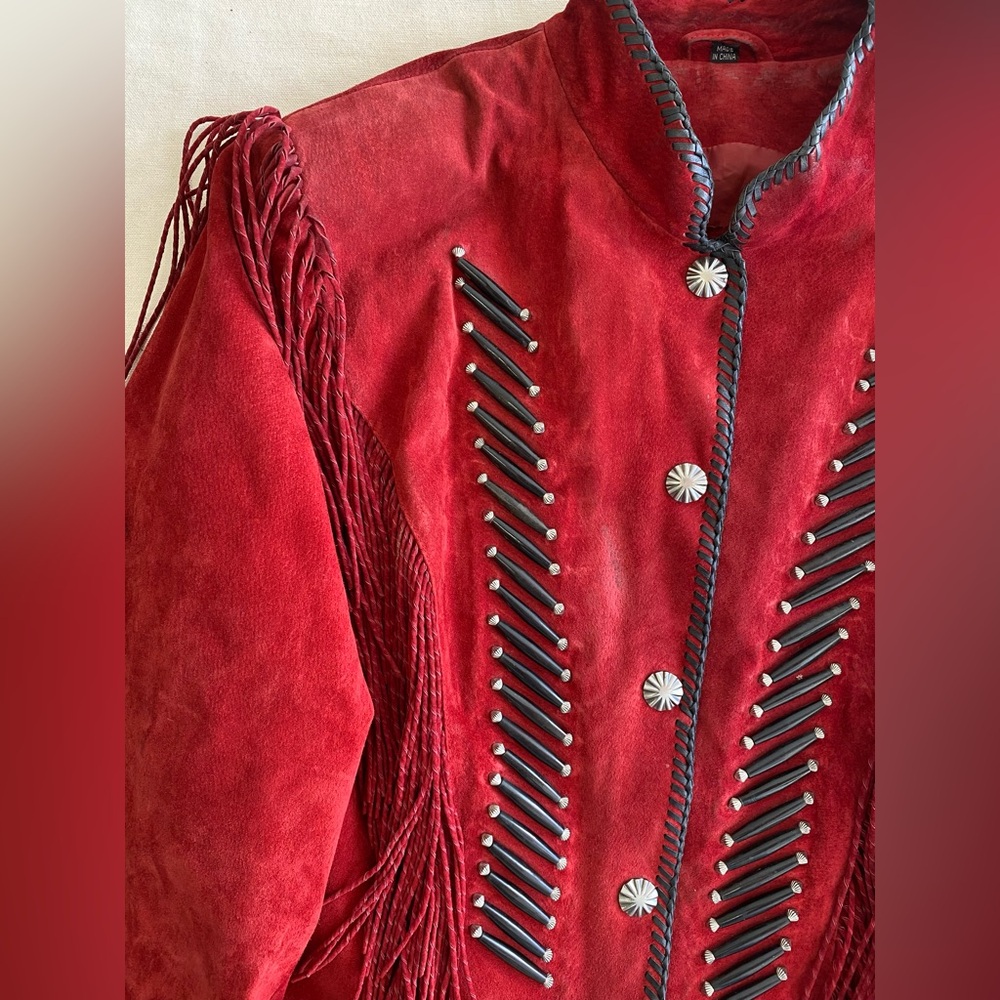 Cripple Creek Vintage 90s Red Leather Beaded Fringe Jacket Native Boho Bold XL - Picture 5 of 16